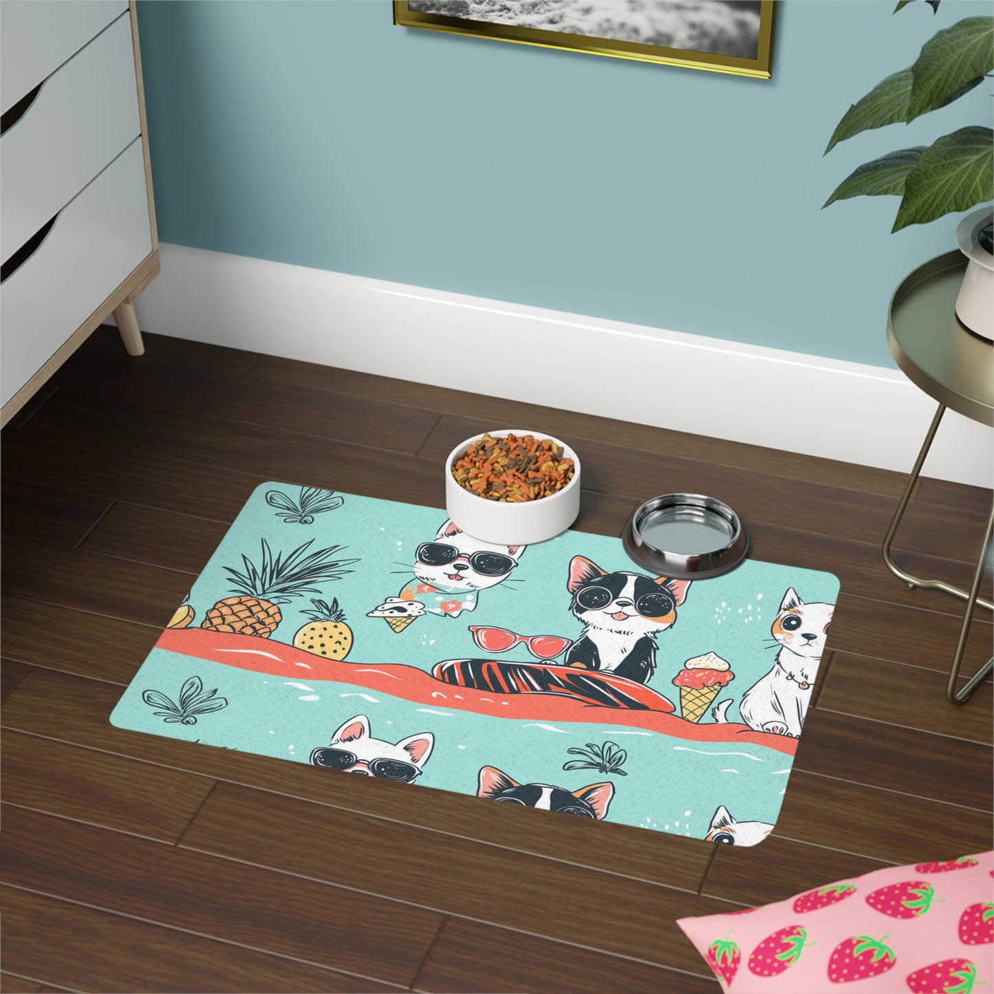 Fun Tropical Pet Food Mat for Dogs and Cats - Summer Vibes Decor